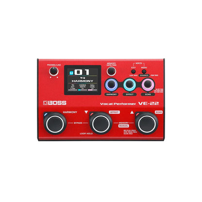 Red boss vocal effects pedal ve-22 with digital display, three knobs for harmony effect echo, aux input, and phantom power