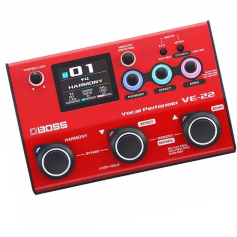Red boss vocal effects pedal ve-22 with black knobs digital display phantom power and aux input for mobile device use