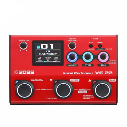 Red boss ve-22 vocal effects pedal with digital display three black knobs aux input and phantom power for mobile devices