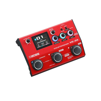Red boss vocal effects pedal ve-22 with black knobs digital display phantom power aux input for mobile device use