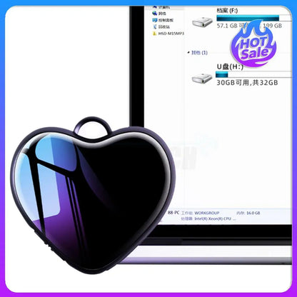Black heart-shaped voice activated recorder with glossy finish and reflective surface micro recording pendant