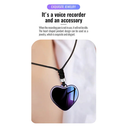 Heart-shaped voice activated recorder with glossy black and purple surface on black cord micro recording pendant