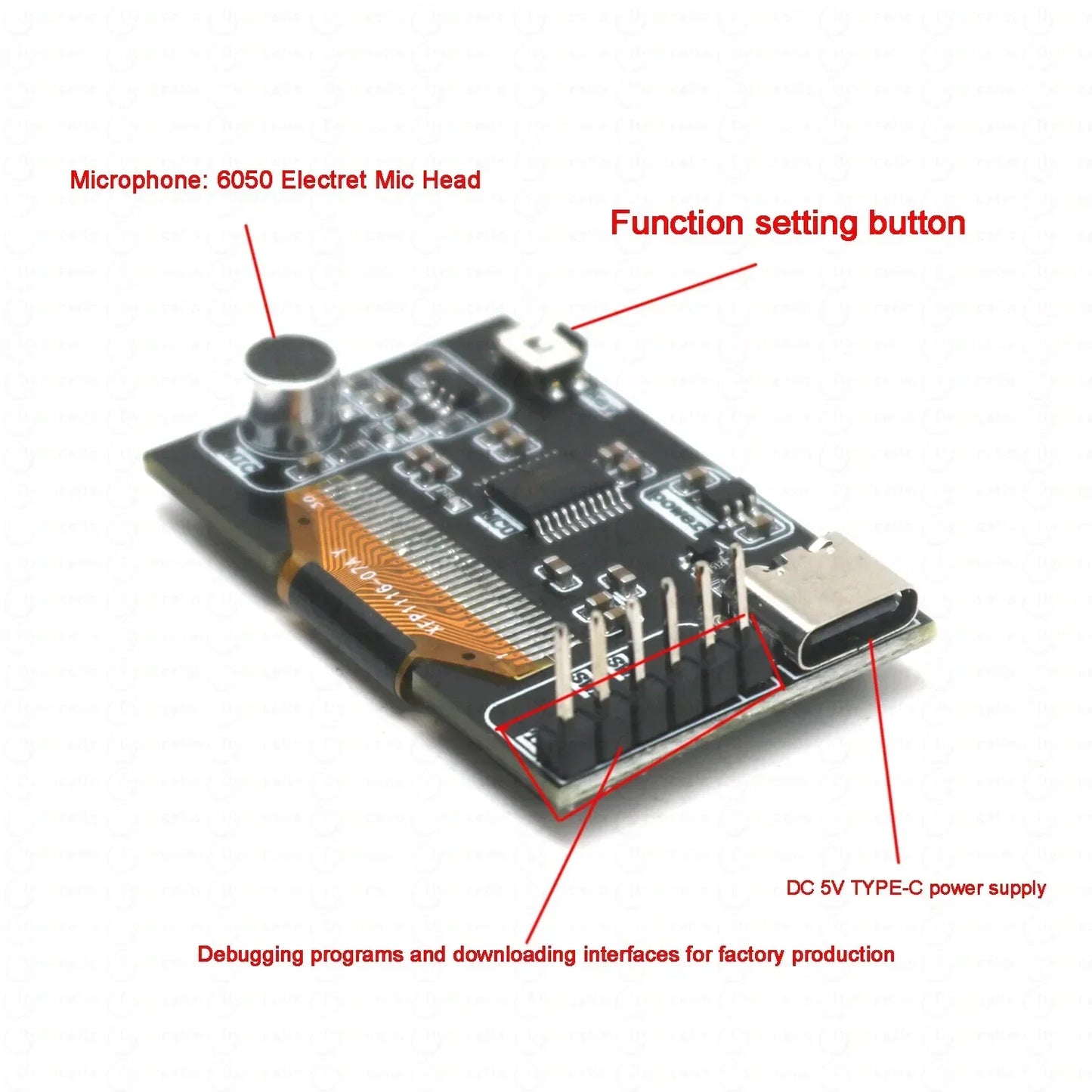 Black circuit board of voice control 1.3-inch oled music spectrum display analyzer with silver microphone and usb-c power supply ambient
