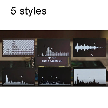 Black rectangular oled music spectrum display analyzer showing white audio waveform patterns for audio rhythm analysis