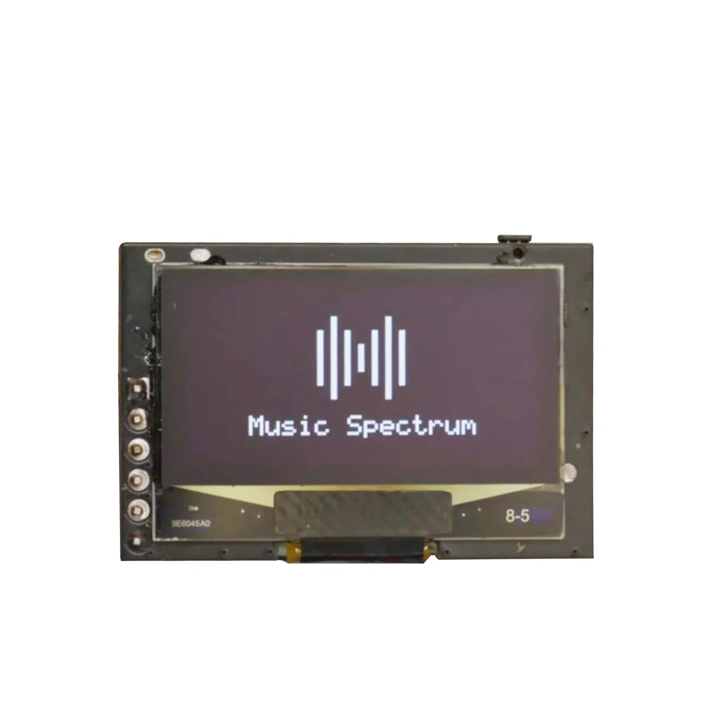 Black rectangular oled music spectrum display analyzer with purple screen showing white music spectrum text and waveform graphic
