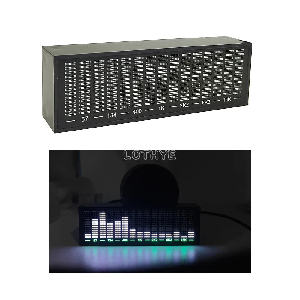 Black rectangular led pickup rhythm audio level indicator with green dynamic light bars and frequency labels under dark lighting