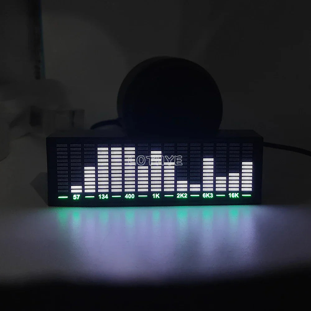 Black rectangular led audio visualizer with white illuminated bars and green frequency labels for voice control music analyzer light display
