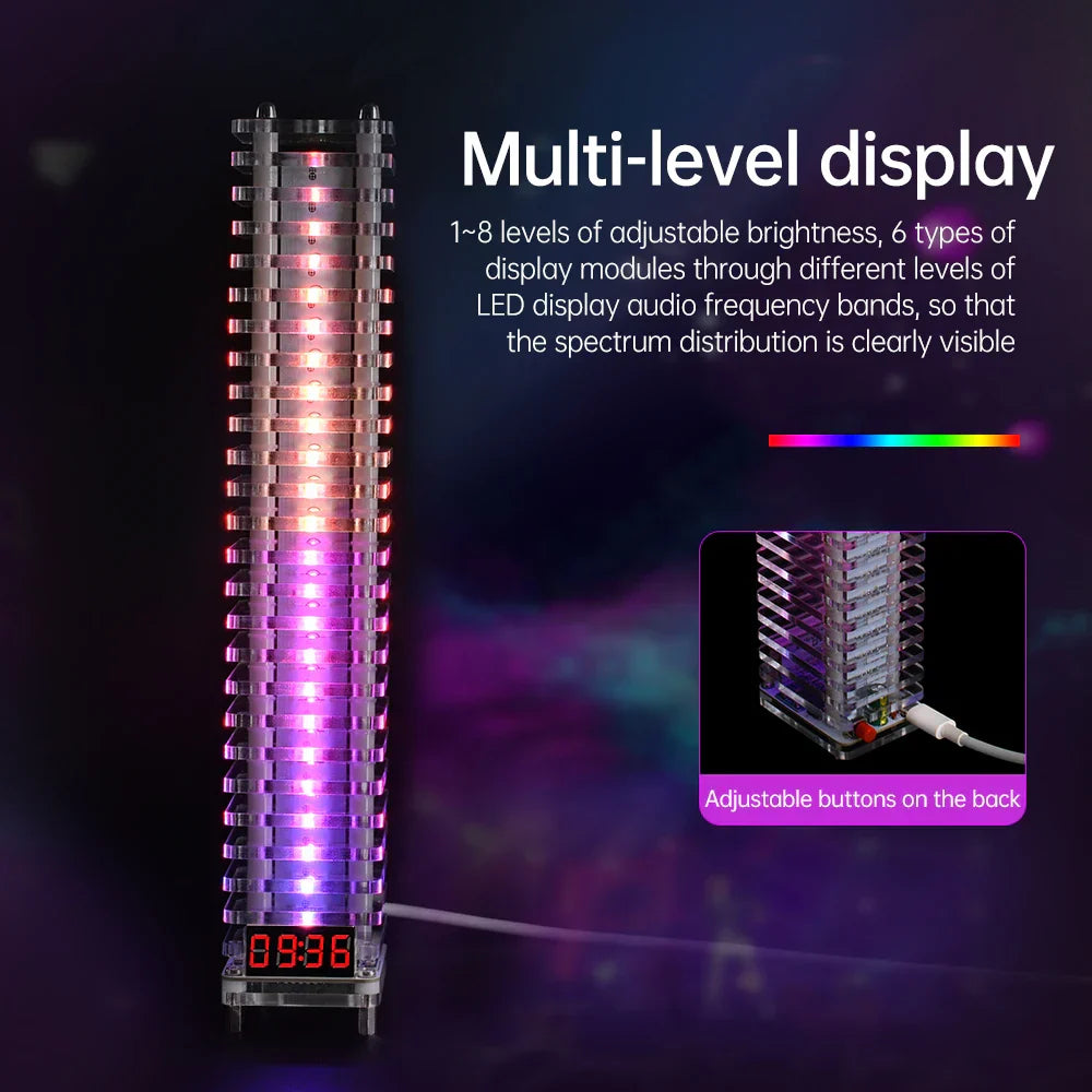 A sleek transparent electronic crystal column voice controlled audio spectrum analyzer with vibrant pink and purple hues for production welding kit use