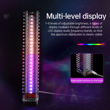 A sleek transparent electronic crystal column voice controlled audio spectrum analyzer with vibrant pink and purple hues for production welding kit use
