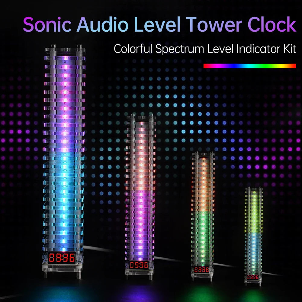 Sonic voice controlled audio level tower with translucent electronic crystal column and colorful led spectrum display kit