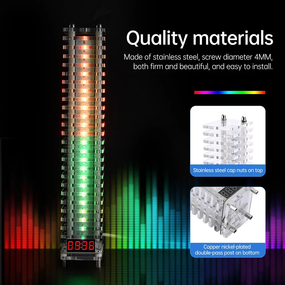 A stainless steel electronic crystal column with rgb lighting and voice controlled audio sound wave visualizer