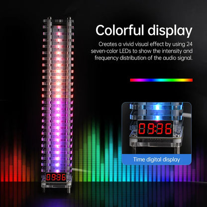Transparent acrylic electronic crystal column with 24 seven-color leds displaying voice controlled audio visualizations and time display