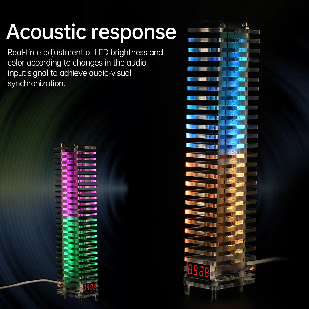 Two tall transparent led electronic crystal column towers with stacked horizontal slats glow in voice controlled audio colors