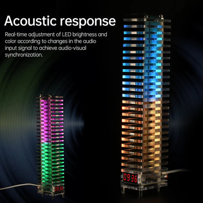 Two tall transparent led electronic crystal column towers with stacked horizontal slats glow in voice controlled audio colors