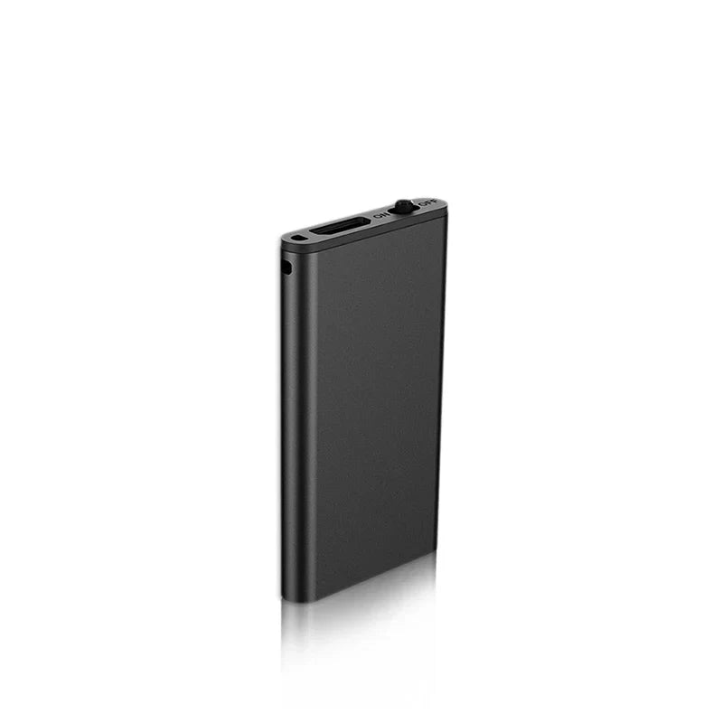 Black rectangular portable media player with matte finish and activated recording dictaphone for record home safety use