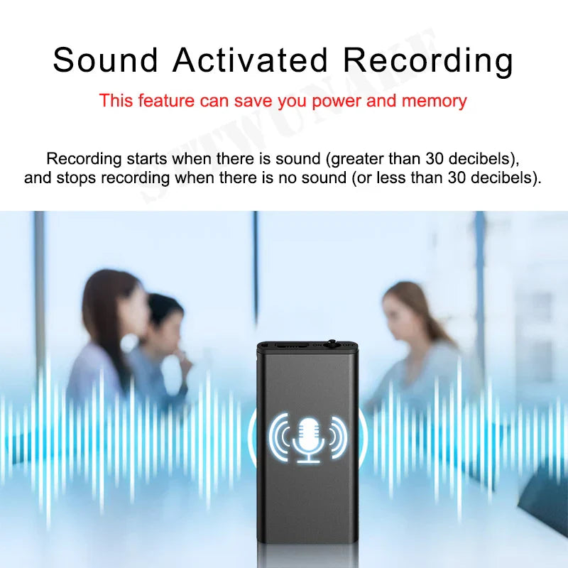 Black rectangular digital voice recorder with glowing microphone icon for activated recording dictaphone and record home safety