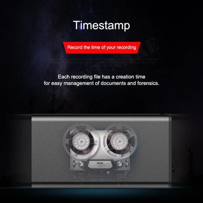 Silver two-reel tape recorder with white spools and control knobs for activated recording dictaphone and home safety use