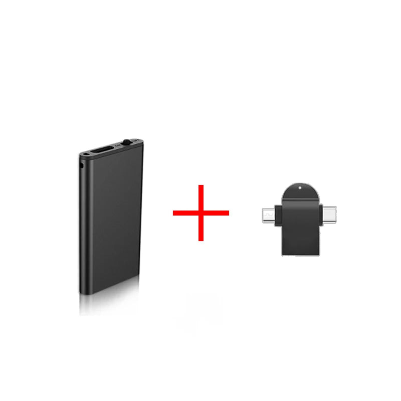 Black rectangular portable charger with metallic finish and usb-c to dual-usb-a adapter for activated recording dictaphone and record home safety