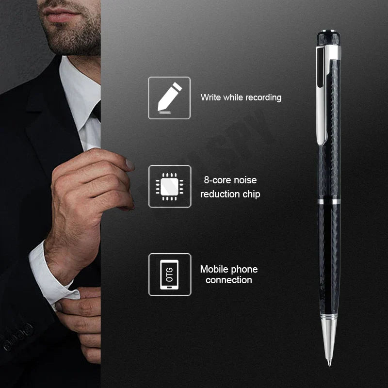 Black carbon fiber voice recorder mini pen with silver accents and metallic tip for professional usb flash dictaphone micro audio recording