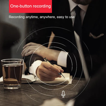 Black pen with silver accents held writing in a notebook featuring voice recorder mini and professional usb flash dictaphone micro audio