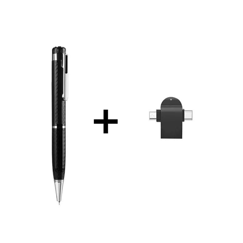 Black pen voice recorder mini with silver accents and textured grip paired with professional usb flash dual connector dictaphone micro audio