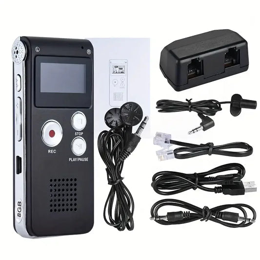 Black and silver 8gb voice recorder mp3 with small screen red record button and usb flash drive for professional audio recording