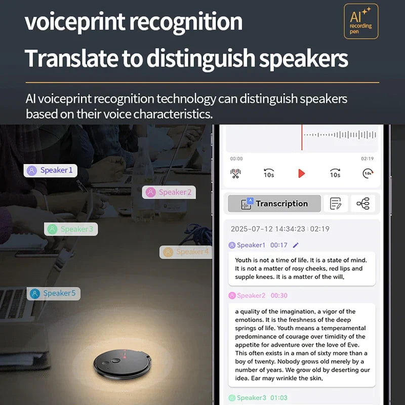 Black circular smart speaker with red light indicator designed for high definition conference ai recorder and transcription summary app