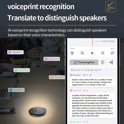 Black circular smart speaker with red light indicator designed for high definition conference ai recorder and transcription summary app