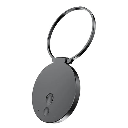 Black circular phone stand with keyring loop and smooth metallic finish for conference ai recorder and transcription summary app use