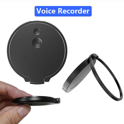 Black circular voice recorder with keychain loop designed for high definition conference ai recorder and transcription summary app use