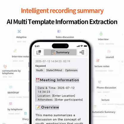 Black smartphone displaying ai-powered transcription summary app with orange and black text for high definition conference recording