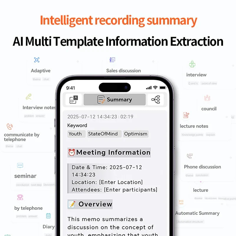 Black smartphone displaying an ai-powered transcription summary app with orange and black text for high definition conference use