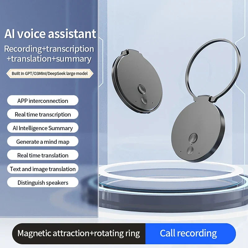Silver circular ai voice assistant device with keyring for high definition conference and transcription summary app use