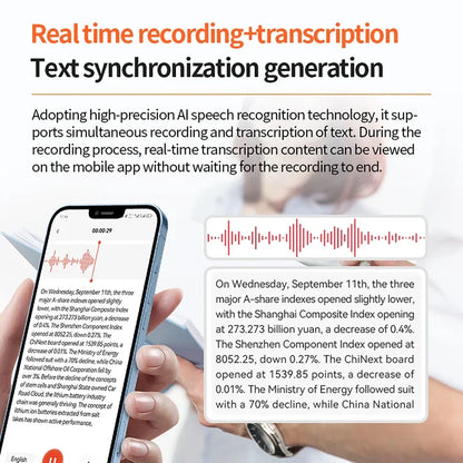 A sleek black smartphone showing real-time transcription of financial news in a conference AI recorder app