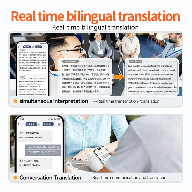 Smartphone displaying real-time bilingual translation on a high definition conference ai recorder transcription summary app