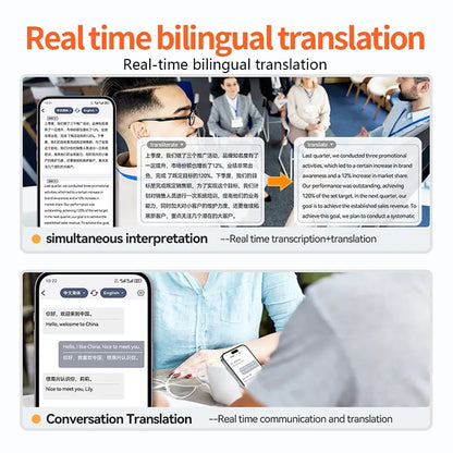 Smartphone displaying real-time bilingual translation on a high definition conference ai recorder transcription summary app