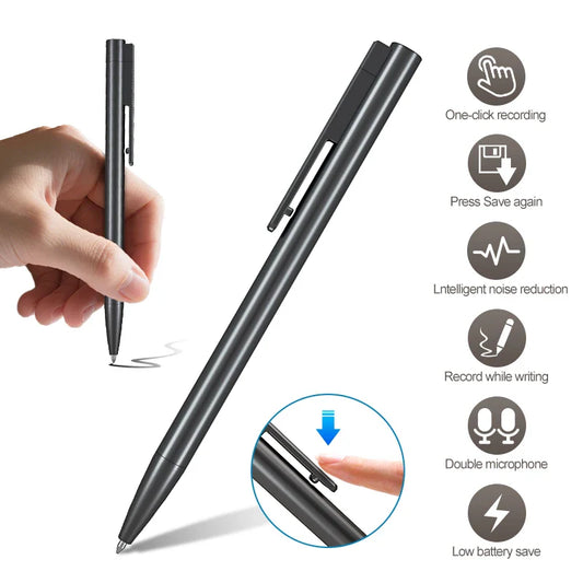 Black metallic stylus pen voice recorder with sleek minimalist design retractable tip and intelligent noise reduction