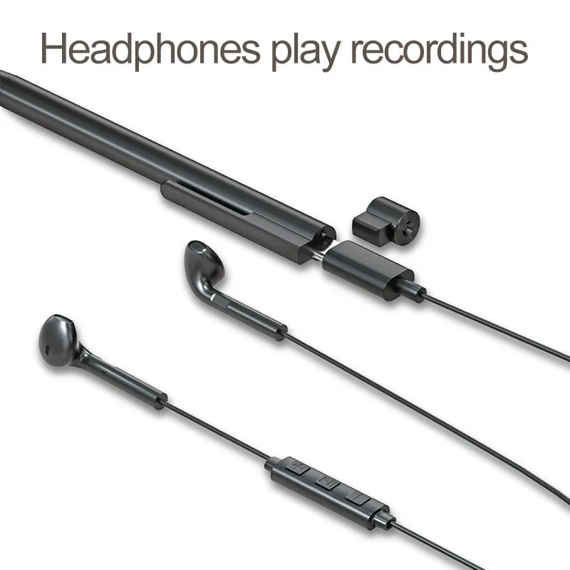 Black in-ear headphones with sleek design and integrated control module for professional voice recorder use