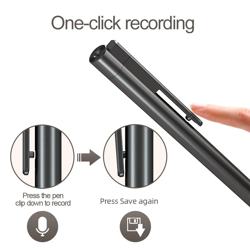 Black pen-shaped voice recorder with clip and one-click recording feature for professional use and noise reduction