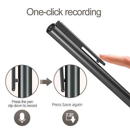 Black pen-shaped voice recorder with clip and one-click recording feature for professional use and noise reduction