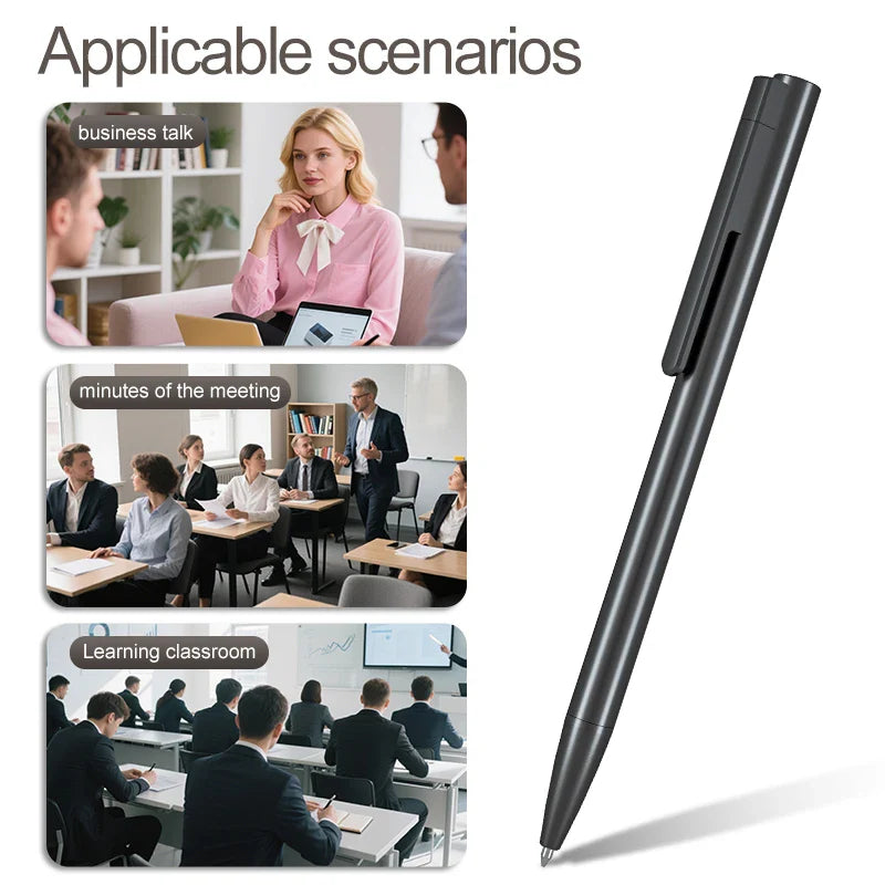 Black sleek ballpoint voice recorder pen with minimalist design textured grip intelligent noise reduction storage options
