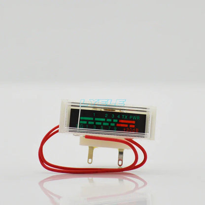 Compact digital transmitter power meter with black display, green and red led bars in clear casing for audio level high ohms sound signal