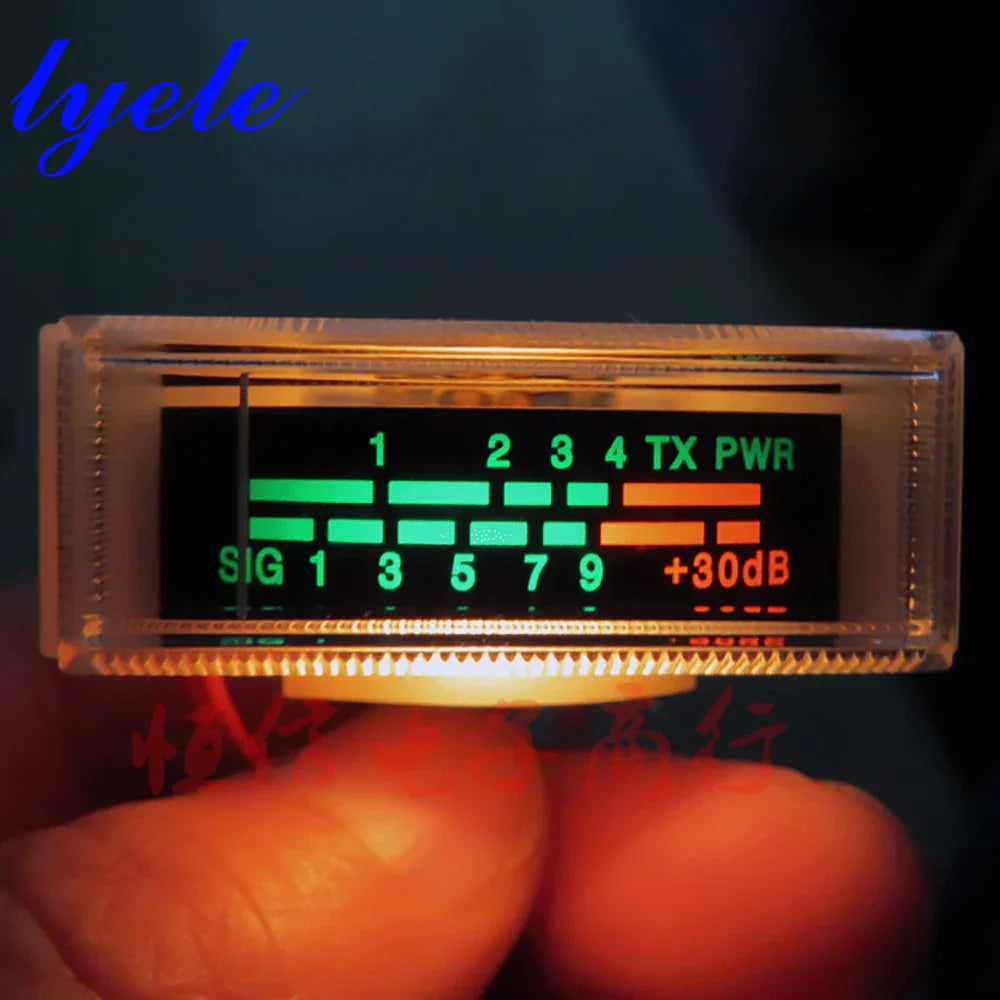 Transparent rectangular vu meter with green orange signal bars and backlight for audio level high ohms sound signal indicator
