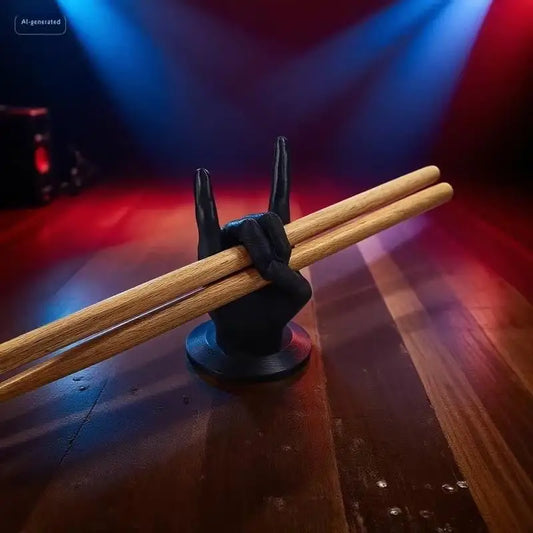 Black plastic rock hand drum drumstick display stand rack holding two light brown wooden drumsticks for home decor