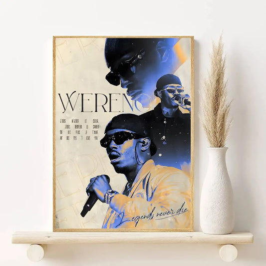 A framed modern graphic poster of W-Werenoi pyramide singer with blue and yellow tones for living room decor