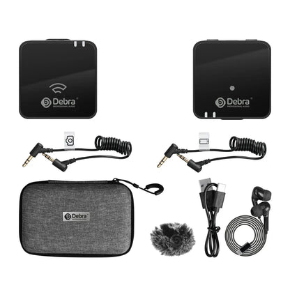 Black debra wireless audio transmitter units with glossy finish and white logo branding for dslr cameras mobile use