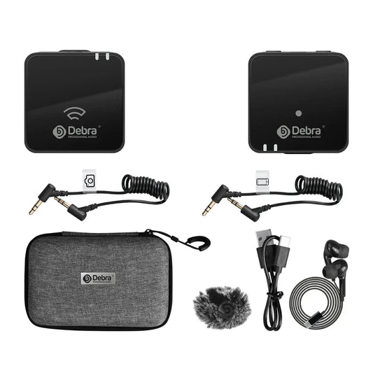 Black debra wireless audio transmitter units with glossy finish and white logo branding for dslr cameras mobile use