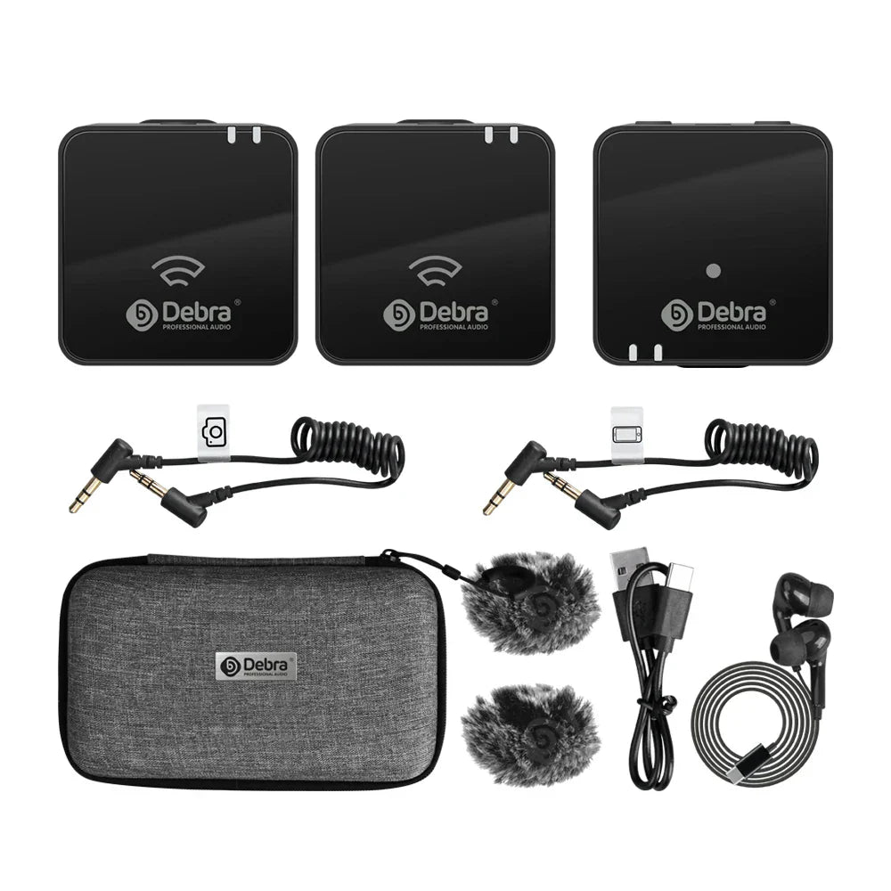 Black debra wireless audio transmitter units with glossy finish and white logo for dslr cameras mobile 80m distance 3-level noise reduction suitable