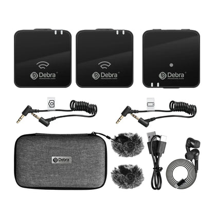 Black debra wireless audio transmitter units with glossy finish and white logo for dslr cameras mobile 80m distance 3-level noise reduction suitable