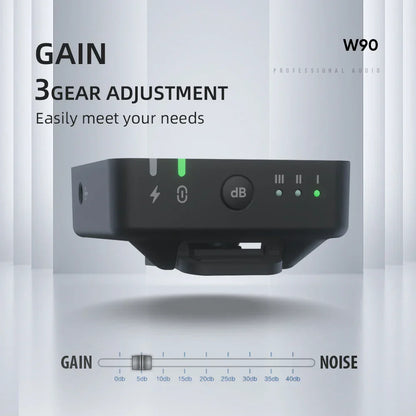 Black w90 professional audio receiver with 3-level noise reduction and green led indicator suitable for dslr cameras mobile use